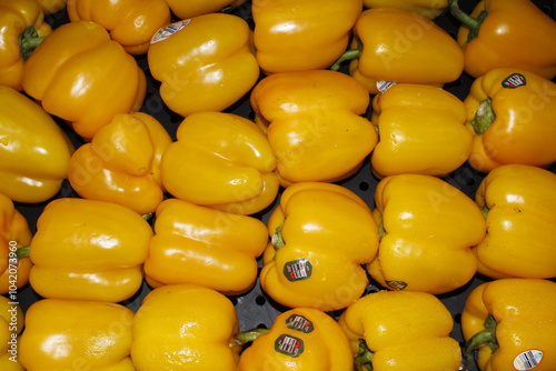 yellow peppers closeup shelf supermarket