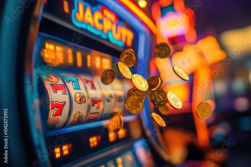 Coins and poker chips burst into the air as the slot machine celebrates a jackpot win in a lively casino environment. Generative AI