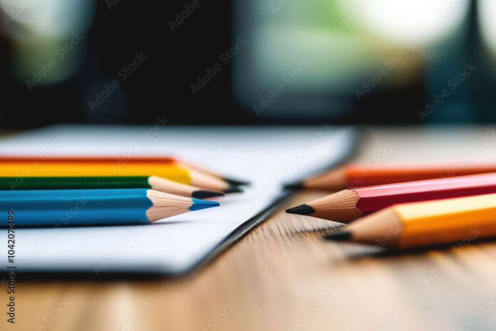 Colorful pencils arranged beside a blank sheet on a wooden surface. Colorful pencils arranged beside a blank sheet on a wooden surface.