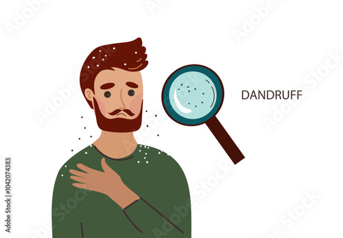 Portrait of young man with problem of dandruff. Health medicine, trichology, dermatology concept. Vector hand drawn flat cartoon illustration.