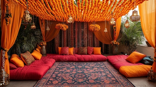 A Diwali-themed photo booth decorated with bright marigold garlands, hanging lanterns, and colorful rangoli patterns on the floor. The booth is equipped with traditional props like diyas, turbans, photo