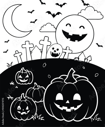 Grave sitting pumpkin Spooky bat line art coloring page, kids coloring book. Generative Ai