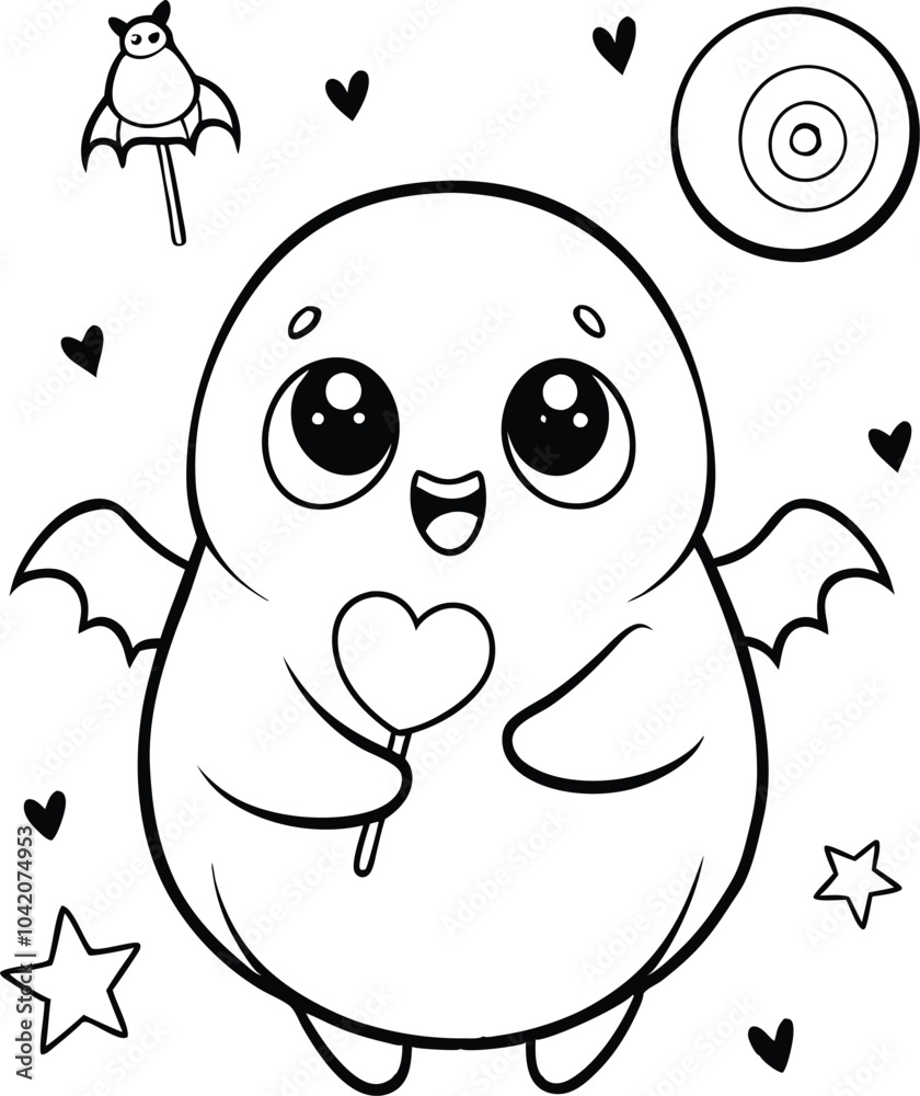 Obraz premium Cute ghost flying Bat line art coloring page, kids coloring book. Generative Ai