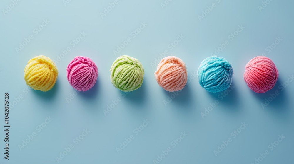 Colorful yarn balls arranged in a row on a blue surface, perfect for crafting and textile projects. Colorful yarn balls arranged in a row on a blue surface, perfect for crafting and textile projects.