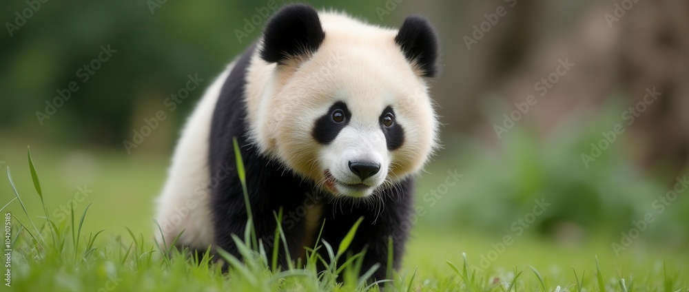 Fototapeta premium Close up of a pretty panda in the park beautiful panda bear in the grass portrait of a panda