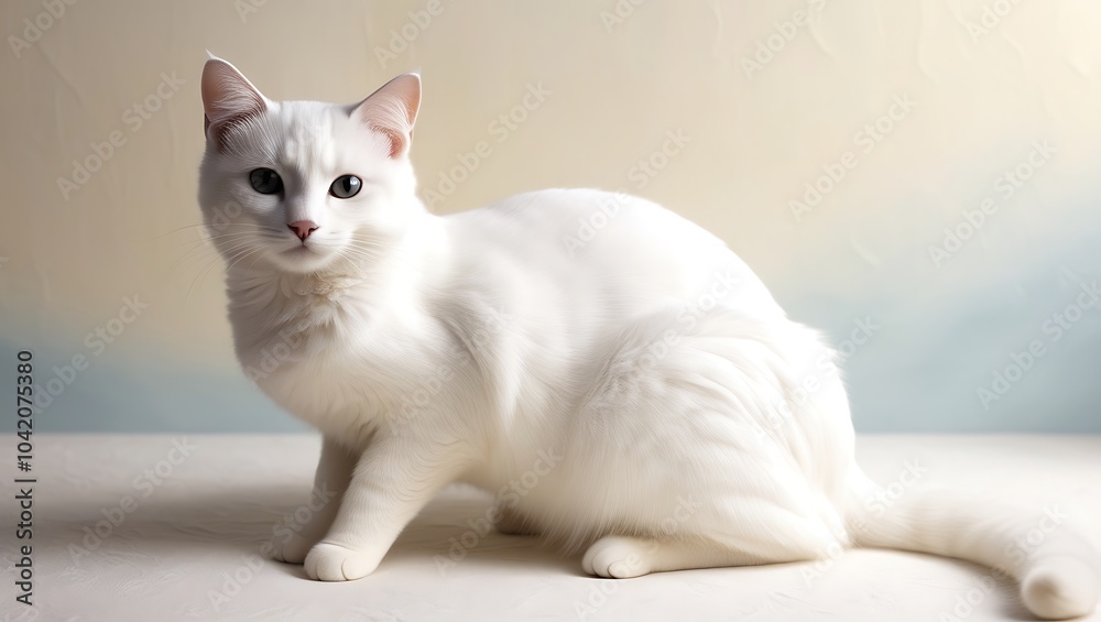 Fototapeta premium Beautiful serene white cat sitting gracefully in a quiet room
