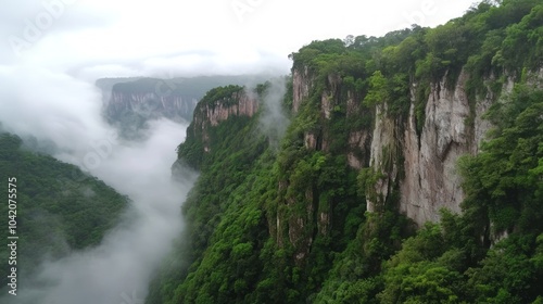 High cliffs and lush greenery in tropical mountains in Mexico