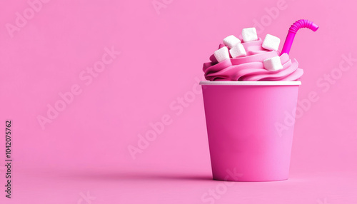 Delicious pink milkshake topped with whipped cream and marshmallows, served in a vibrant pink cup with a straw.