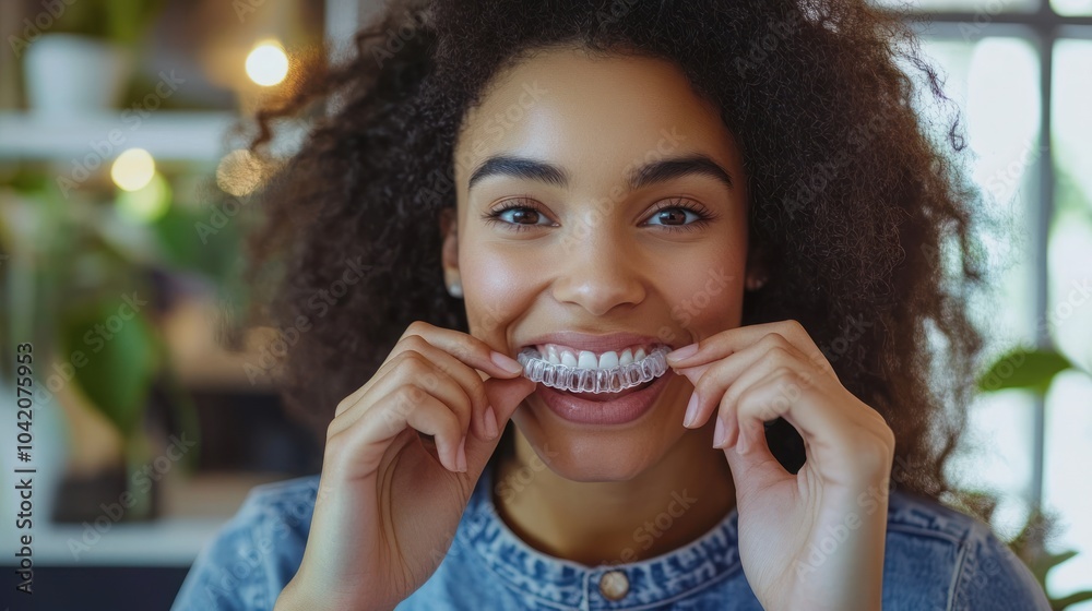Smiling Woman With Clear Teeth Aligners Smiling Woman With Clear Teeth Aligners