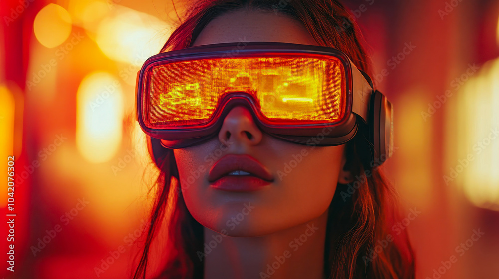 A woman engaged in a virtual reality experience, highlighting modern technology, entertainment, and immersive innovation A woman engaged in a virtual reality experience, highlighting modern technology, entertainment, and immersive innovation