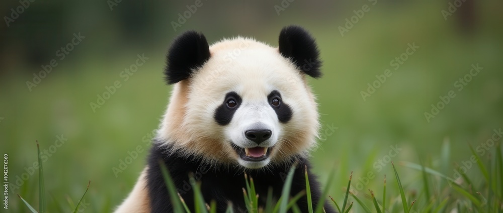 Fototapeta premium Close up of a pretty panda in the park beautiful panda bear in the grass portrait of a panda