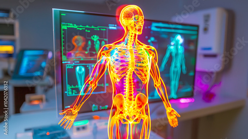 luminescent human figure with medical overlays is displayed in modern medical environment, showcasing anatomical details and advanced technology. vibrant colors highlight bodys systems, emphasizing