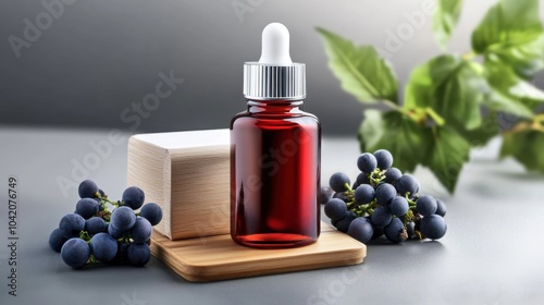 Grape Seed Oil Bottle with Grapes and Wooden Base