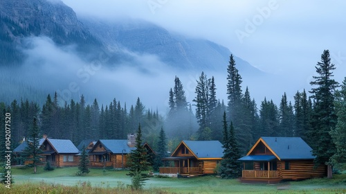 A small village in the Canadian Rockies where log cabins abound