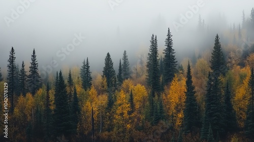 Foggy northern forests in Canada with bright autumn leaves