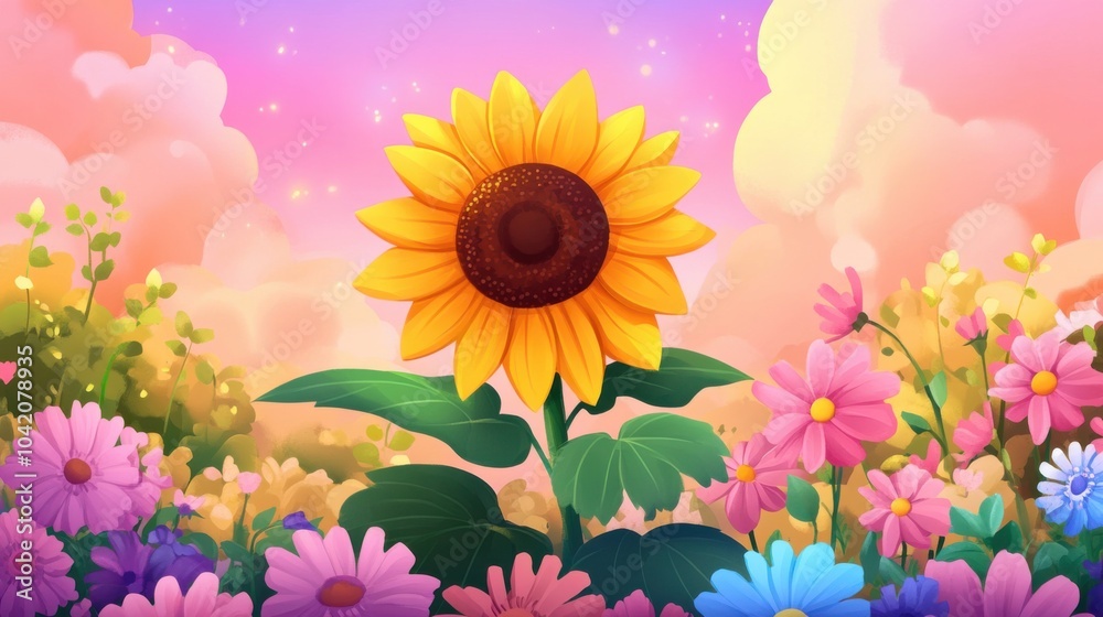 Obraz premium Bright Sunflower in a Colorful Floral Landscape