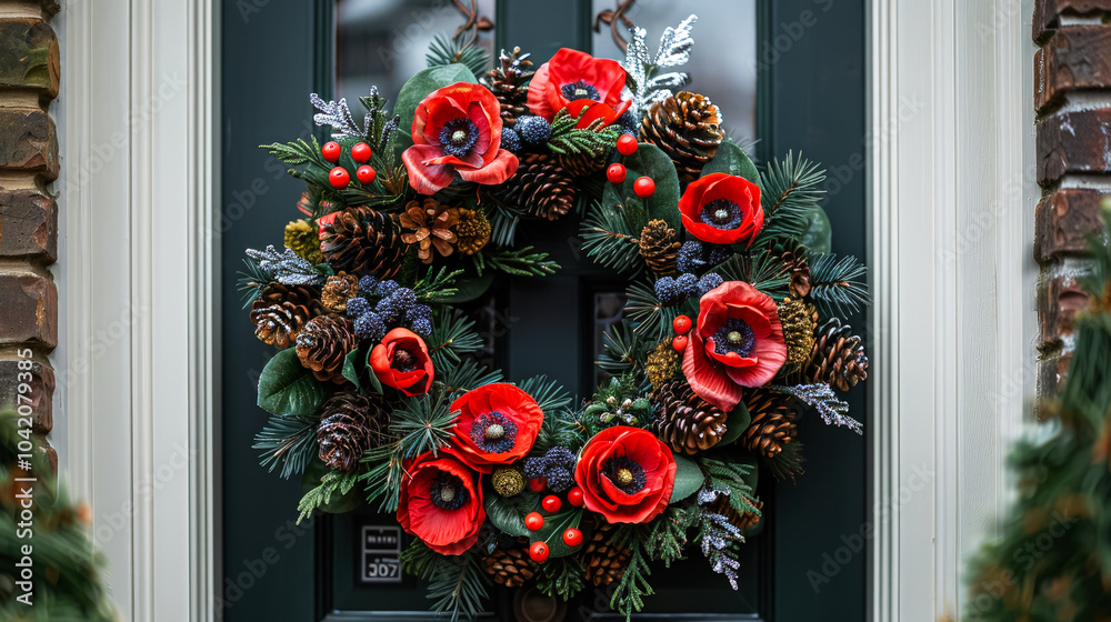 Classic wreath of pine needles and poppy - with bright red poppy flowers, elegantly decorated and hanging on wooden door painted in grey color. House with brick trim. Classic wreath of pine needles and poppy - with bright red poppy flowers, elegantly decorated and hanging on wooden door painted in grey color. House with brick trim.