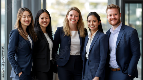 Group of diverse young professionals in formal business attire, standing together in modern office, multi ethnic team of colleagues smiling and confident, corporate teamwork and leadership