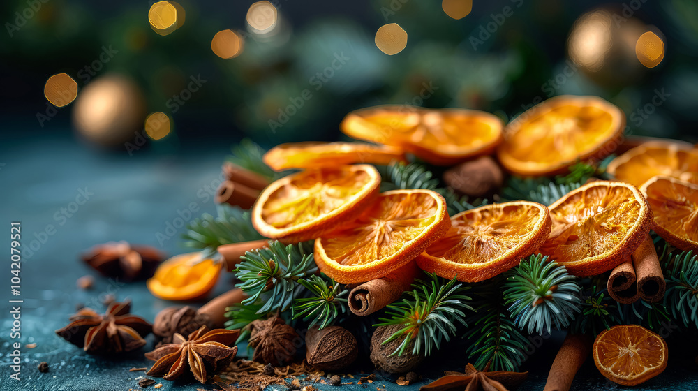 Wreath of of pine needles, spices - decorated with cinnamon, star anise and dried oranges, against the background of a blurred kitchen where Christmas punch is brewed. Wreath of of pine needles, spices - decorated with cinnamon, star anise and dried oranges, against the background of a blurred kitchen where Christmas punch is brewed.
