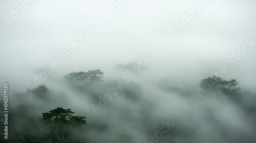 Lush green vines and ancient trees in the foggy Amazon rainforest