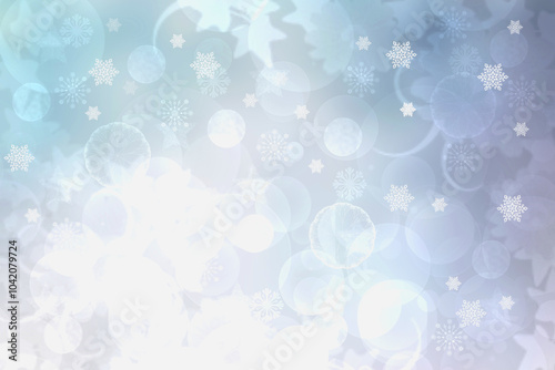 Christmas card template. Abstract festive natural blue white winter christmas background texture with blue and bokeh lighted snowflakes, stars. Beautiful card design.