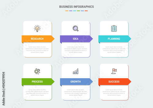 6 clean infographic design shaped elements template, symbolizing the six stages of business strategy and progression. Progress bar or timeline. Vector for presentation, web site or app.