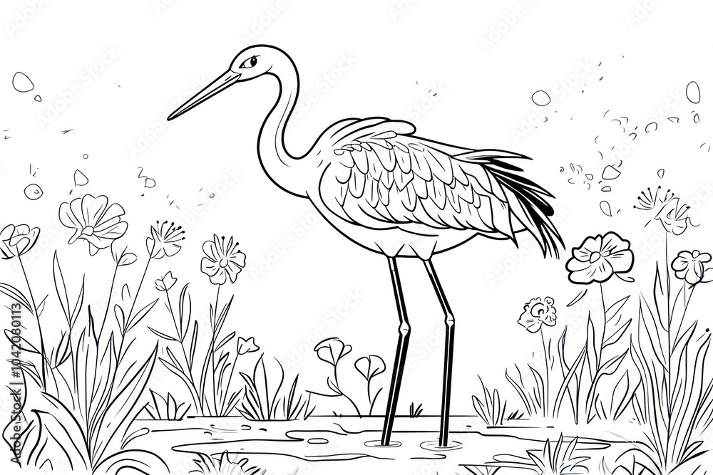 Fototapeta premium Crane, coloring page for kids, line art, black and white.