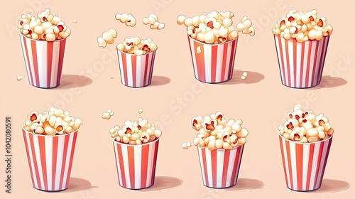 Popcorn icons in different styles and angles, with striped containers overflowing with popcorn. photo