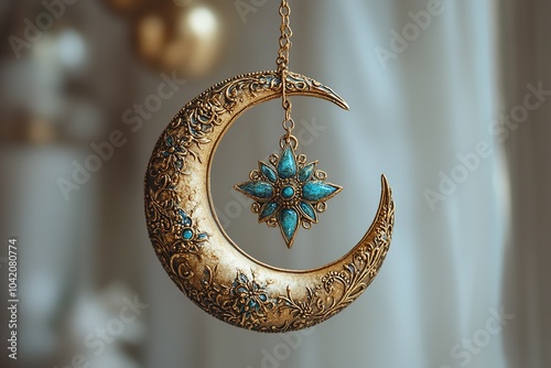 A richly detailed crescent moon and star design hanging from golden threads photo