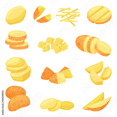 Cartoon raw potatoes. Potato half sliced stripes and cubes cut. Fresh vegetables prepare for cooking. Agriculture farm market goods neoteric vector set