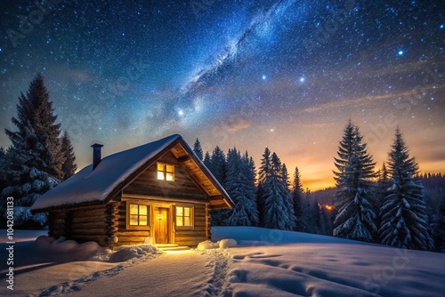 Cozy winter cabin illuminated by warm glow under starry evening sky Close-Up