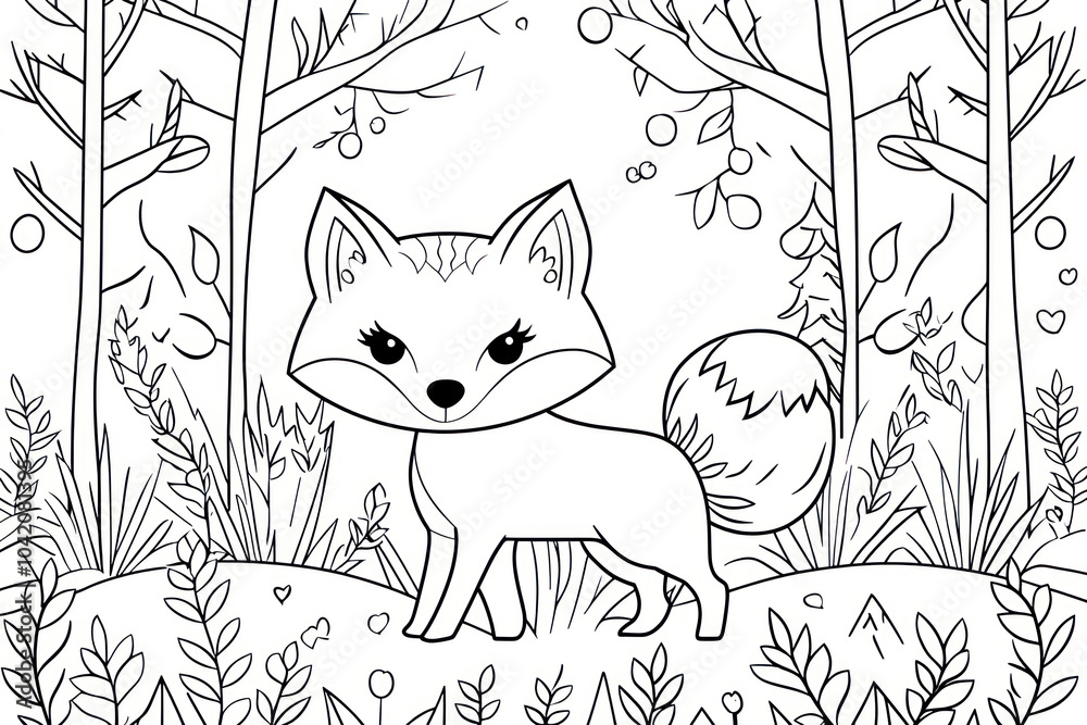 Obraz premium Fox, coloring page for kids, line art, black and white.