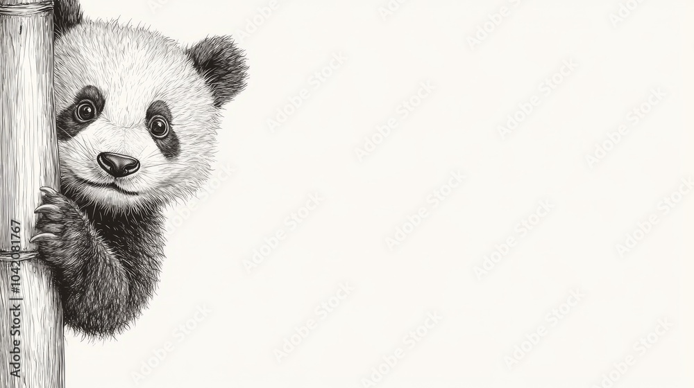 A cute panda bear peeking from behind a bamboo stalk, drawn in black and white pencil. A cute panda bear peeking from behind a bamboo stalk, drawn in black and white pencil.