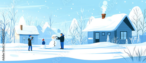 A serene winter scene with a snowy landscape, children building a snowman, and a cozy house with smoke coming from the chimney.