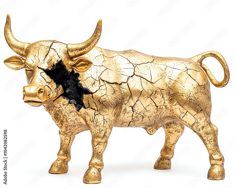 Fototapeta premium Golden bull statue cracked and falling apart, symbolizing the end of a market rally