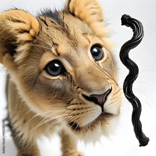 Curiouse lion cub looking up  at a floating piece of liquorice candy. photo