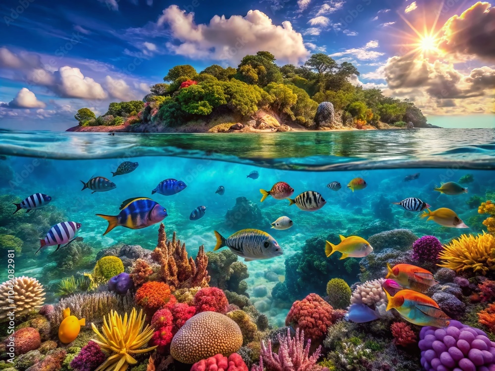 Naklejka premium Vibrant Coral Reef Underwater Paradise Aerial Photography for Marine Life Exploration and Conservation