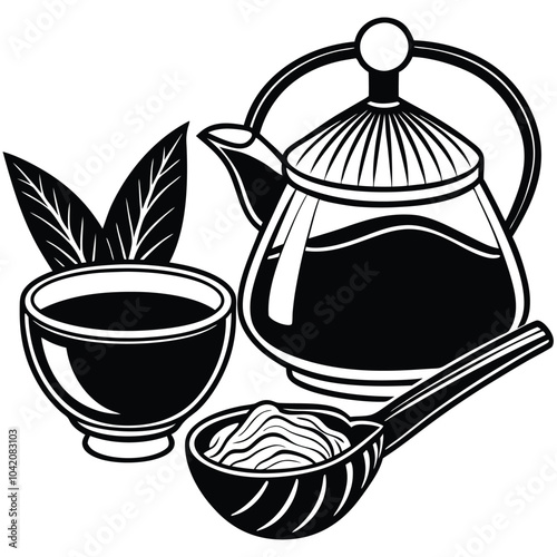 Vector illustration of a Matcha tea set. A glass teapot and a cup with a healthy drink, green tea leaves, and powder on a spoon. Flat style cartoon design.