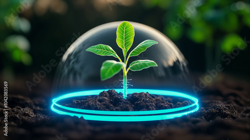 young plant sprouting with protective digital energy dome, generative ai