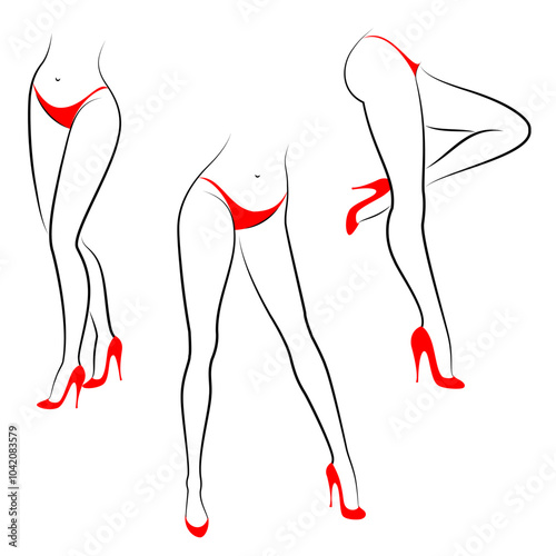 Collection. Silhouette of a beautiful female figure, legs in red high-heeled shoes and a bikini. Standing method. The mouth is thin. Set of vector illustrations.