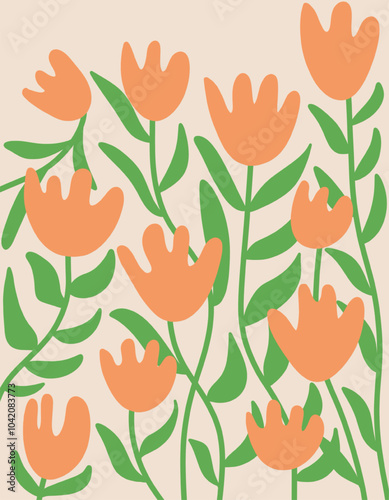 Cute minimalistic pattern with simple orange flowers on nude background. Colorful naive print for textile, dresses, wallpaper and ect. Minimalist poster with abstract art botanical composition arts