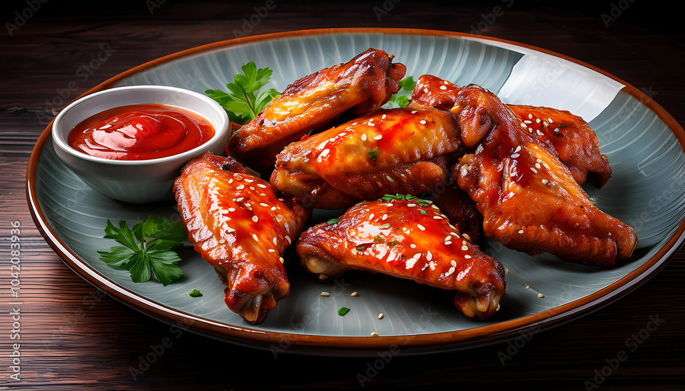 A mouthwatering plate of baked chicken wings with a side of rich dipping sauce, garnished with fresh herbs. Perfect for appetizer or party food inspiration. Asian style A mouthwatering plate of baked chicken wings with a side of rich dipping sauce, garnished with fresh herbs. Perfect for appetizer or party food inspiration. Asian style