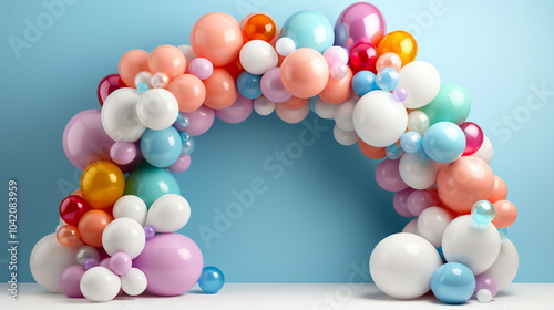  Colorful balloon arch against a pastel blue background