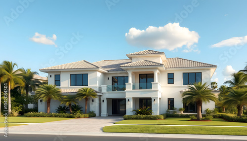 Typical South Florida modern villa house architecture in Spanish style with a white accent, png