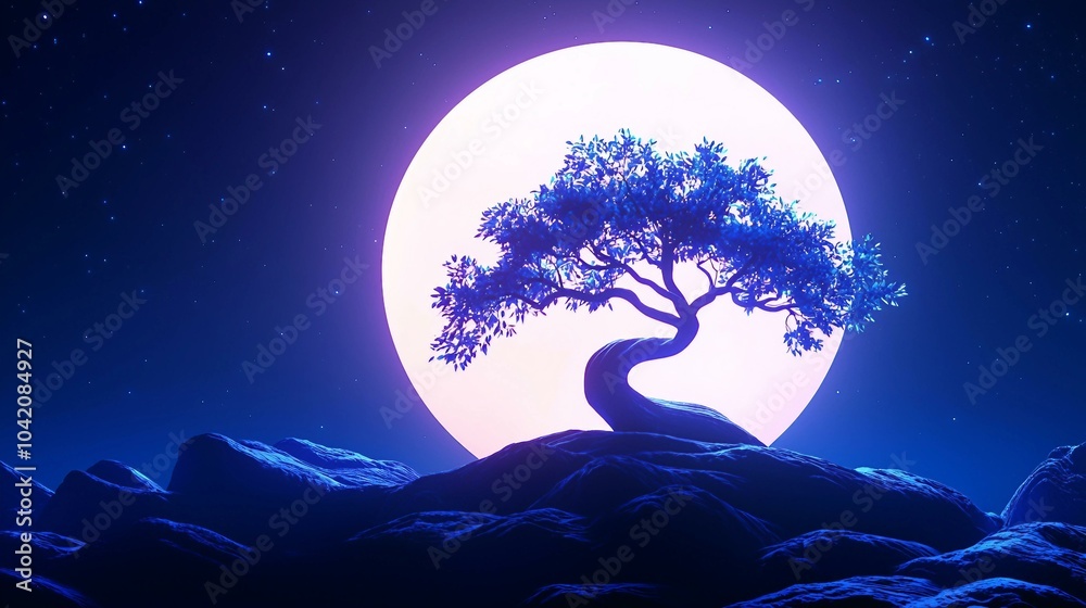 A Serene Silhouette of a Twisted Tree Under a Full Moon in a Starry Landscape A Serene Silhouette of a Twisted Tree Under a Full Moon in a Starry Landscape