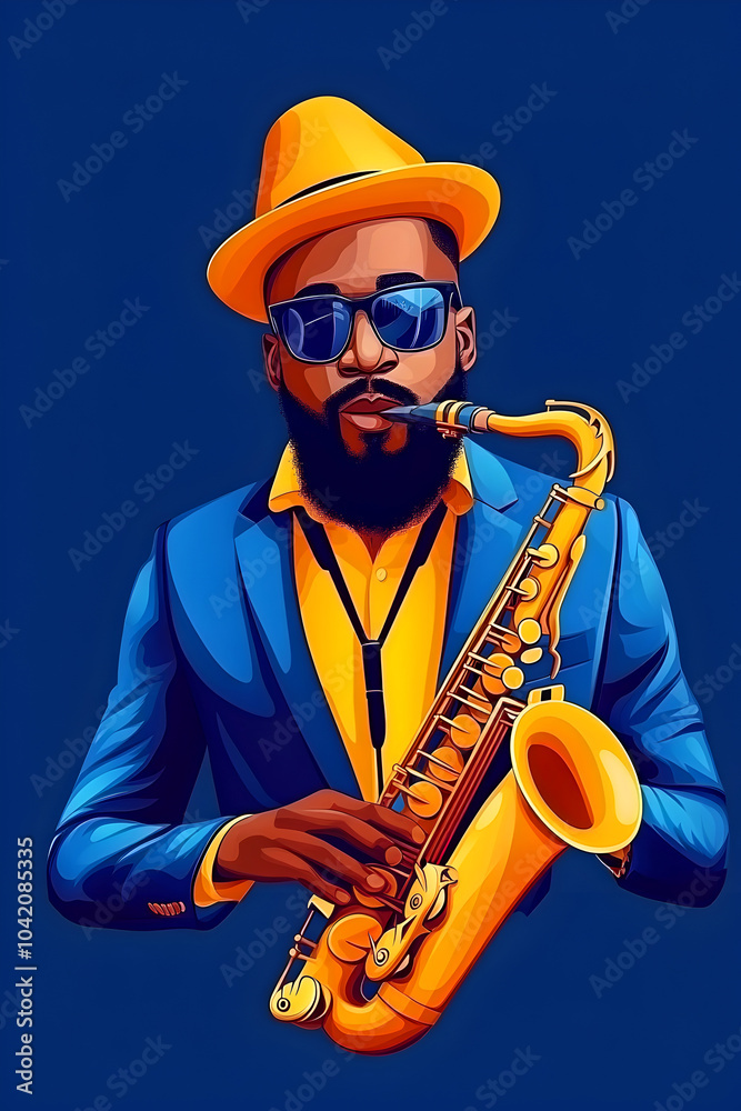 Naklejka premium Illustration of an African saxophonist in yellow hat, celebrating the lively and soulful nature of jazz on a blue background.