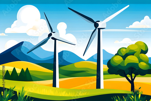 Colorful illustration of wind turbines in a vibrant, rolling landscape with hills, trees, and a bright blue sky. Renewable energy.