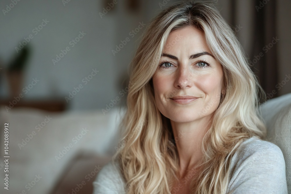 Head shot portrait pretty blonde irish american woman looking at camera, sits alone on sofa photoshooting, enjoy pleasant pastime weekend at home at own or rented apartment. Beautiful mature female pr Head shot portrait pretty blonde irish american woman looking at camera, sits alone on sofa photoshooting, enjoy pleasant pastime weekend at home at own or rented apartment. Beautiful mature female pr