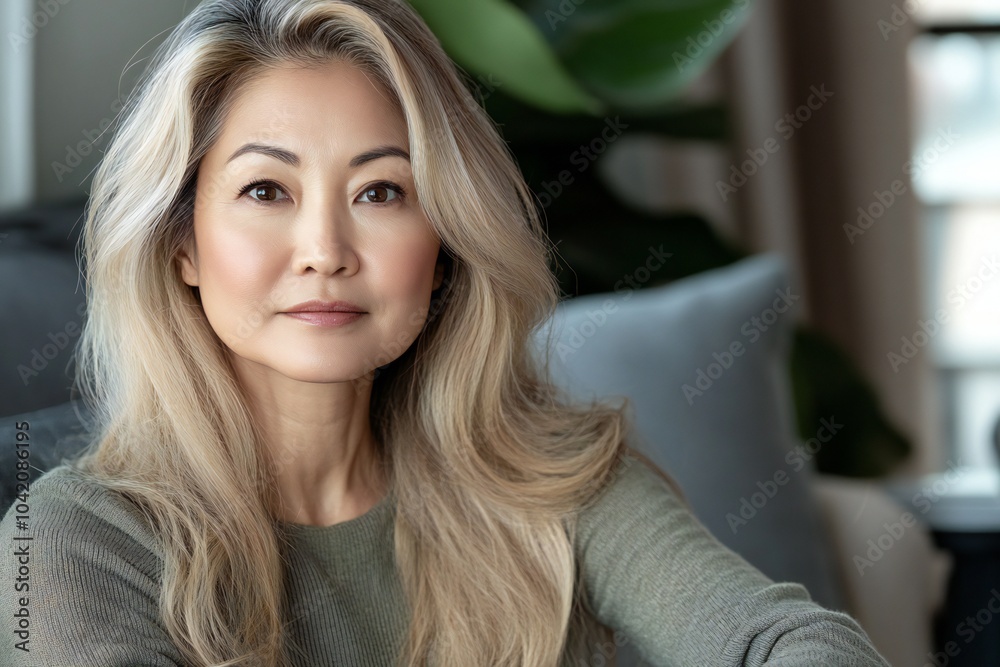 Head shot portrait pretty blonde asian american woman looking at camera, sits alone on sofa photoshooting, enjoy pleasant pastime weekend at home at own or rented apartment. Beautiful mature female pr Head shot portrait pretty blonde asian american woman looking at camera, sits alone on sofa photoshooting, enjoy pleasant pastime weekend at home at own or rented apartment. Beautiful mature female pr