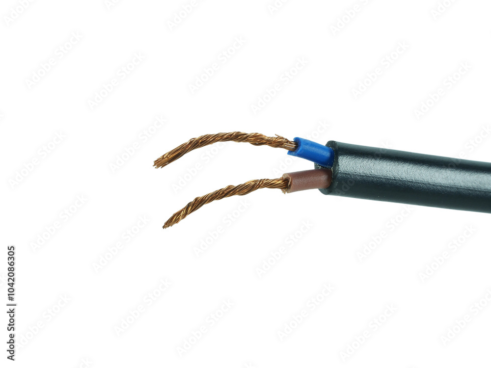 Fototapeta premium Old black electrical wire is damaged isolated on transparent background.